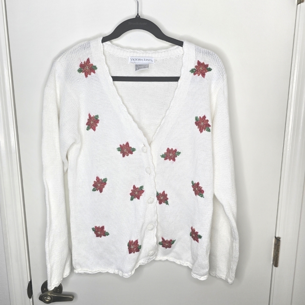 Victoria Jones Woman White Cardigan with Red Beaded Poinsetta Accents Small